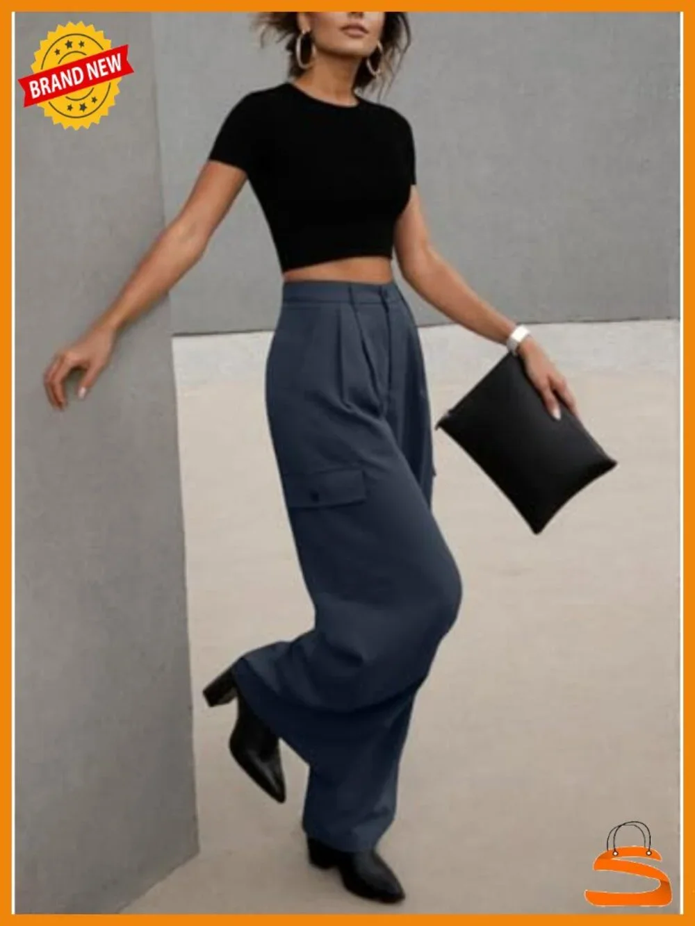 High Waisted Wide Leg Cargo Pants with 4 Pockets, Pleated Front, Belt Loops,